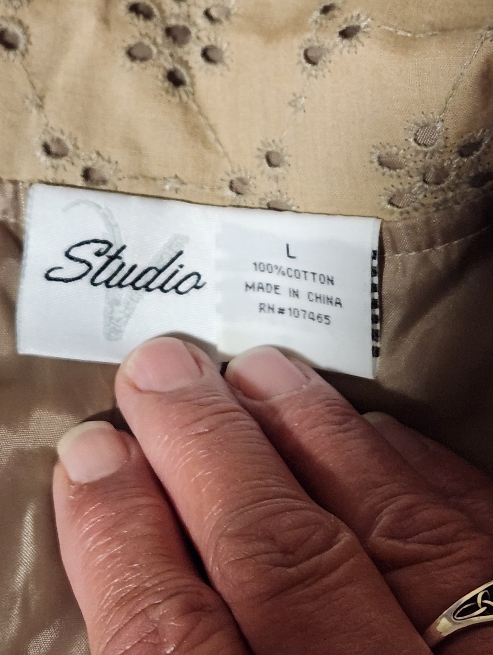 STUDIO V Y2K Eyelet Jacket Sz L Tan Cotton Embroidered Lined Boxy Cottagecore - Picture 3 of 8
